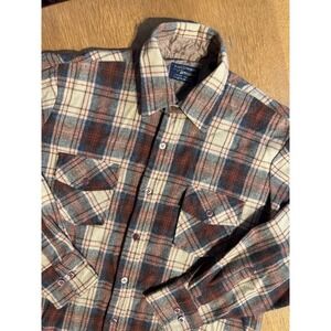 Vtg Wool O The West By Brewster Wool Blend Shirt Mens L Brown Plaid Long Sleeve